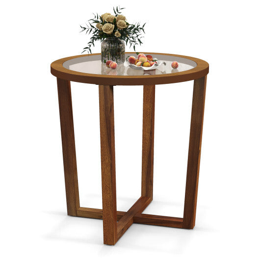 Modern Round End Table Sofa Side Table with Transparent Tempered Glass Top-Brown LuxuryLifeWay Online Store
