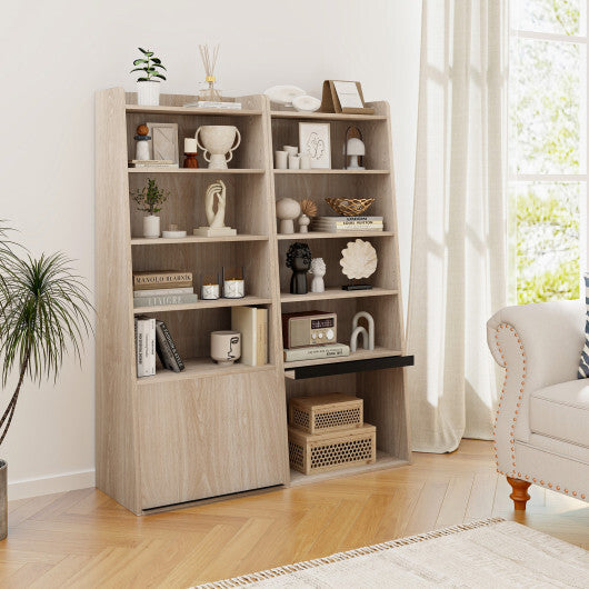 6-Tier Bookcase Freestanding Ladder Bookshelf with 2 Adjustable Shelves and Flip Up Door-Natural