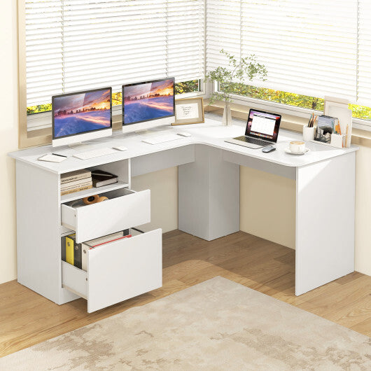 L-Shaped Computer Desk with Letter File Drawer-White