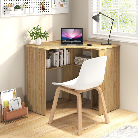 Corner Computer Desk Triangle Home Office Desk with Adjustable Shelf and Arc-Shaped Profile-White