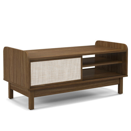 Mid-Century Center Table with Storage and Weaving Sliding Door & Adjustable Shelf-Walnut LuxuryLifeWay Online Store