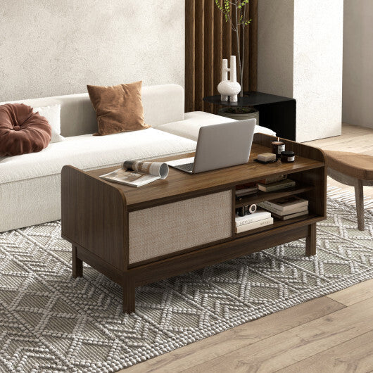 Mid-Century Center Table with Storage and Weaving Sliding Door & Adjustable Shelf-Walnut LuxuryLifeWay Online Store