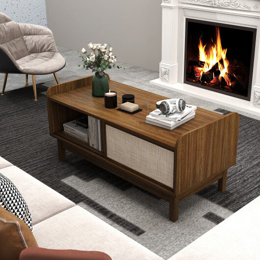 Mid-Century Center Table with Storage and Weaving Sliding Door & Adjustable Shelf-Walnut LuxuryLifeWay Online Store