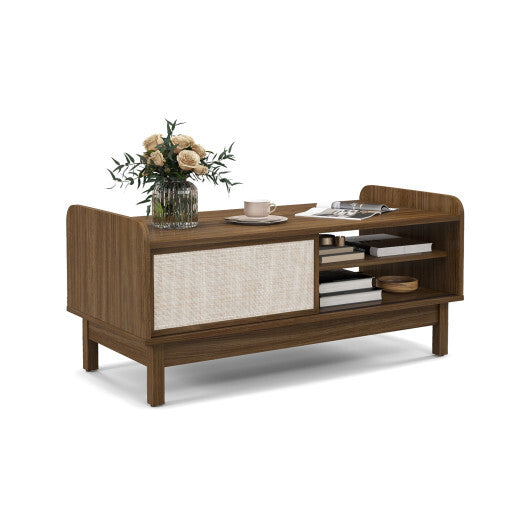 Mid-Century Center Table with Storage and Weaving Sliding Door & Adjustable Shelf-Walnut LuxuryLifeWay Online Store