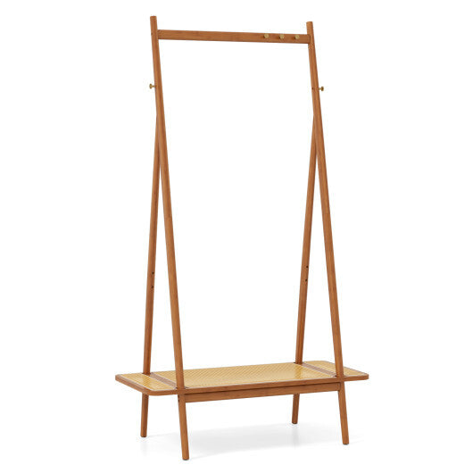 Bamboo Clothes Rack with Hanging Rod Rattan Shelf and Copper Hooks-Brown LuxuryLifeWay Online Store