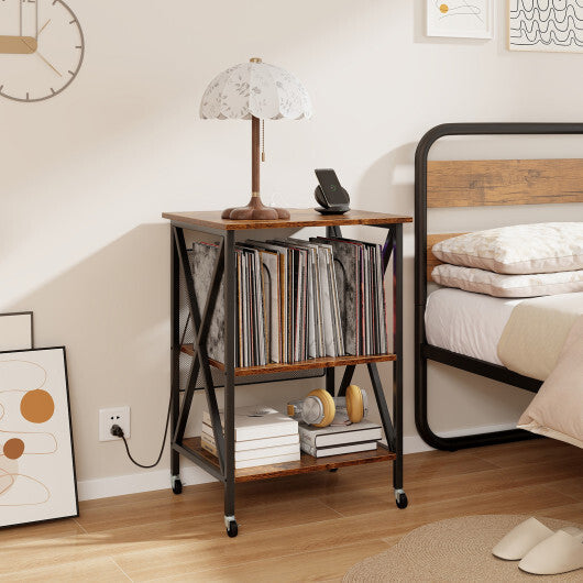 Mid-Century Record Player Stand with Built-in Charging Station-Gray LuxuryLifeWay Online Store