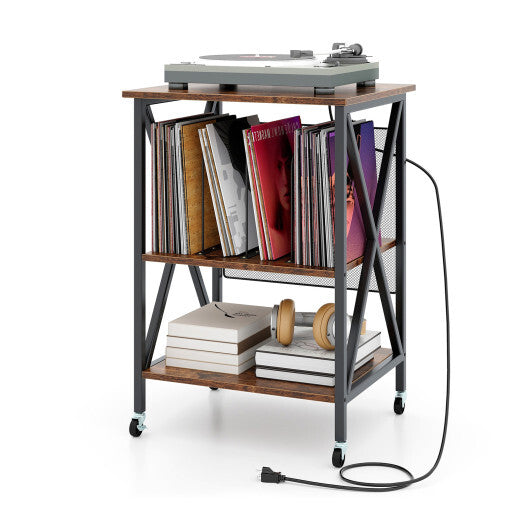 Mid-Century Record Player Stand with Built-in Charging Station-Gray LuxuryLifeWay Online Store