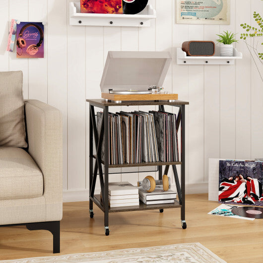Mid-Century Record Player Stand with Built-in Charging Station-Gray LuxuryLifeWay Online Store