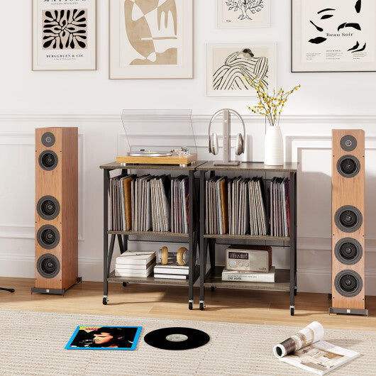Mid-Century Record Player Stand with Built-in Charging Station-Gray LuxuryLifeWay Online Store