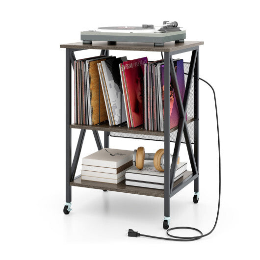 Mid-Century Record Player Stand with Built-in Charging Station-Gray LuxuryLifeWay Online Store