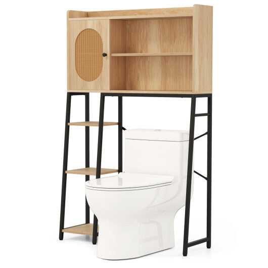 Over The Toilet Storage Cabinet with PE Rattan Door and Open Storage Shelves-Natural