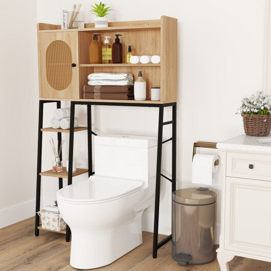Over The Toilet Storage Cabinet with PE Rattan Door and Open Storage Shelves-Natural