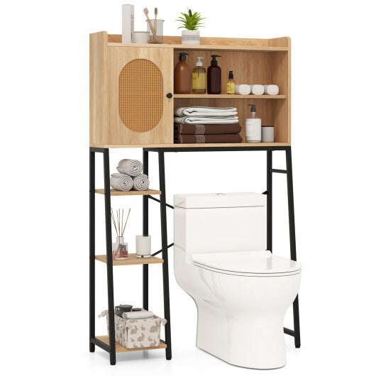 Over The Toilet Storage Cabinet with PE Rattan Door and Open Storage Shelves-Natural
