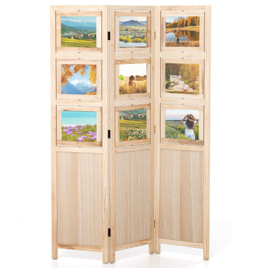 3 Panel Folding Privacy Screen with 9 Swivel Paulownia Wood Photo Frames-Natural