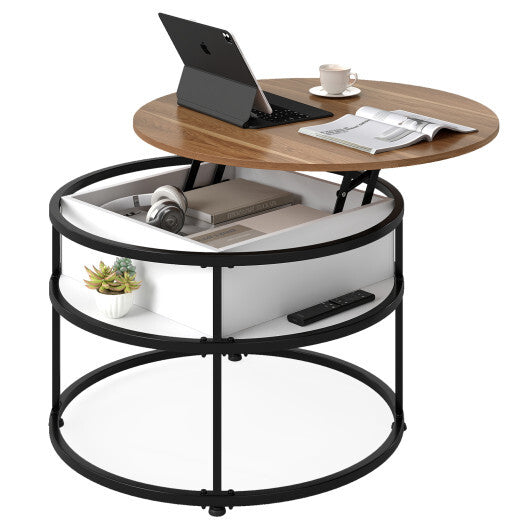 31.5 Inch Round Lift Top Coffee Table with Hidden Compartment and Side Shelves-Teak LuxuryLifeWay Online Store