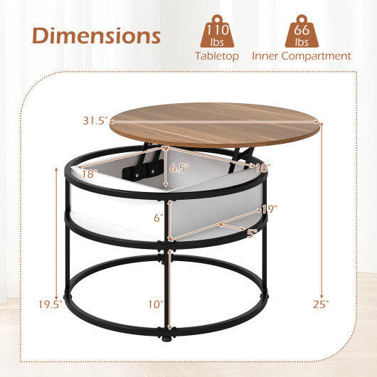 31.5 Inch Round Lift Top Coffee Table with Hidden Compartment and Side Shelves-Teak LuxuryLifeWay Online Store