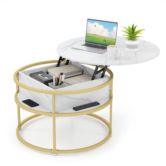 31.5 Inch Round Lift Top Coffee Table with Hidden Compartment and Side Shelves-Teak LuxuryLifeWay Online Store