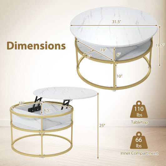 31.5 Inch Round Lift Top Coffee Table with Hidden Compartment and Side Shelves-Teak LuxuryLifeWay Online Store