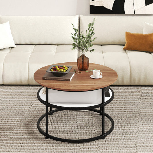 31.5 Inch Round Lift Top Coffee Table with Hidden Compartment and Side Shelves-Teak LuxuryLifeWay Online Store