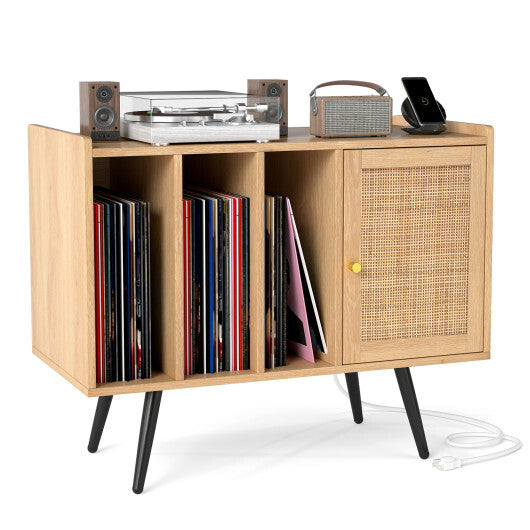 Record Player Stand with Charging Station and Rattan Cabinet for Living Room-Natural LuxuryLifeWay Online Store