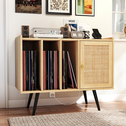 Record Player Stand with Charging Station and Rattan Cabinet for Living Room-Natural LuxuryLifeWay Online Store