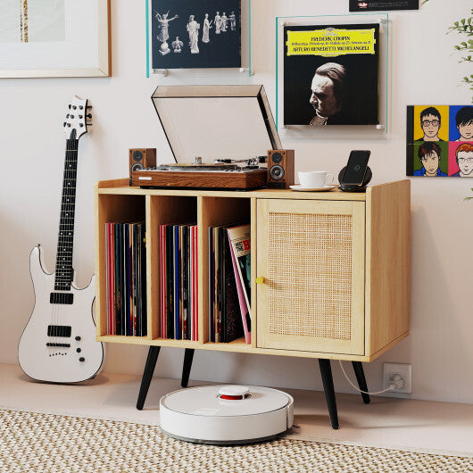 Record Player Stand with Charging Station and Rattan Cabinet for Living Room-Natural LuxuryLifeWay Online Store