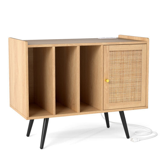 Record Player Stand with Charging Station and Rattan Cabinet for Living Room-Natural LuxuryLifeWay Online Store