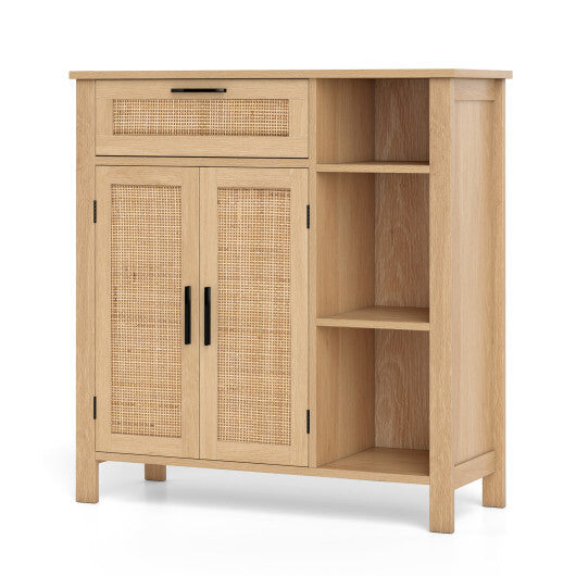 Boho Buffet Sideboard Storage Cabinet with Drawer and Rattan Woven Doors-Natural