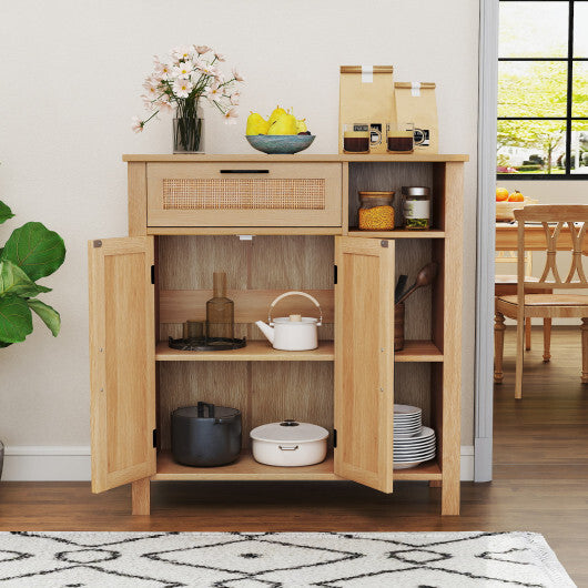 Boho Buffet Sideboard Storage Cabinet with Drawer and Rattan Woven Doors-Natural