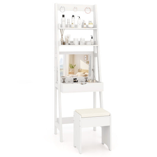 Vanity Desk Set with Flip Top Mirror  Hidden Storage Compartments and Cushioned Stool-White
