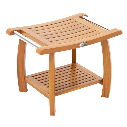 2-Tier Teak Wood Shower Bench Shower Stool with Curved Seat LuxuryLifeWay Online Store