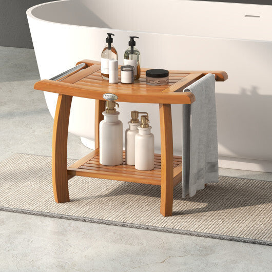 2-Tier Teak Wood Shower Bench Shower Stool with Curved Seat LuxuryLifeWay Online Store