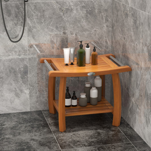 2-Tier Teak Wood Shower Bench Shower Stool with Curved Seat LuxuryLifeWay Online Store