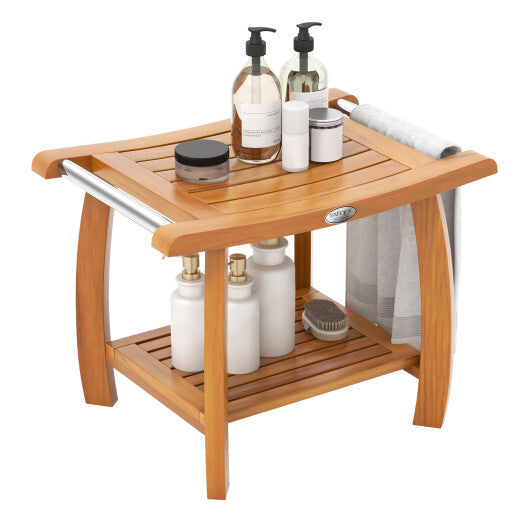 2-Tier Teak Wood Shower Bench Shower Stool with Curved Seat LuxuryLifeWay Online Store