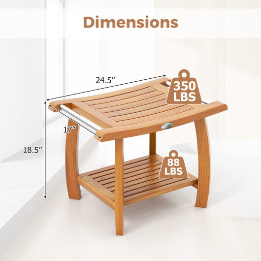 2-Tier Teak Wood Shower Bench Shower Stool with Curved Seat LuxuryLifeWay Online Store