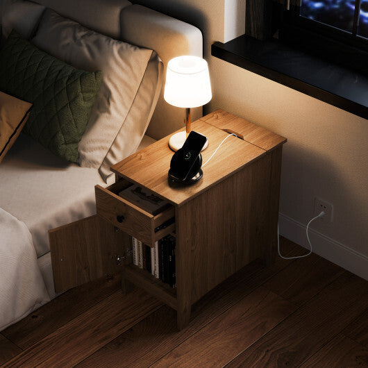 Flip Top End Table with Charging Station USB Ports Outlets and Drawer-White LuxuryLifeWay Online Store