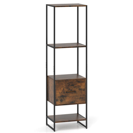 5-Tier Narrow Bookcase with 4 Open Shelves and Storage Drawer-Rustic Brown