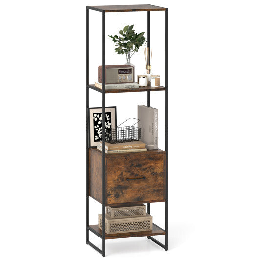 5-Tier Narrow Bookcase with 4 Open Shelves and Storage Drawer-Rustic Brown LuxuryLifeWay Online Store