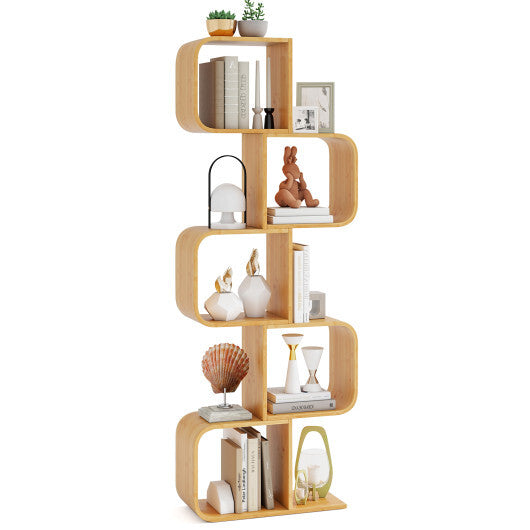 5-Tier S-Shaped Bookcase with 5 Open Cubes for Living Room-Natural
