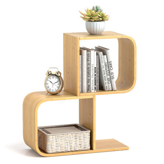 2-Tier S-Shaped Bamboo Bookcase with 2 Open Cubes for Living Room-Natural