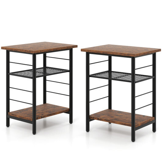 3-Tier End Table Set of 2 Side Table with Storage Shelves Metal Frame-Rustic Brown LuxuryLifeWay Online Store