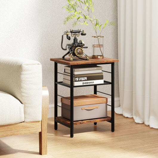 3-Tier End Table Set of 2 Side Table with Storage Shelves Metal Frame-Rustic Brown LuxuryLifeWay Online Store