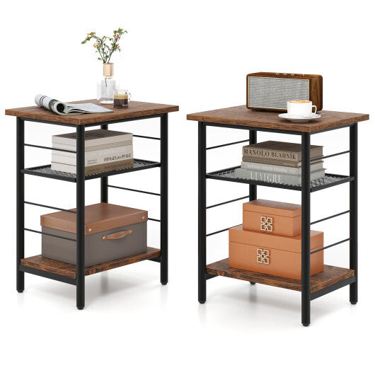 3-Tier End Table Set of 2 Side Table with Storage Shelves Metal Frame-Rustic Brown LuxuryLifeWay Online Store
