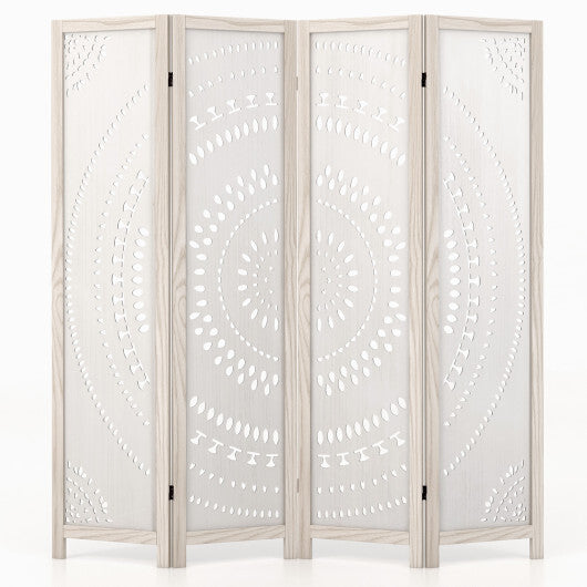 66 Inch Boho 4-Panel Room Divider Privacy Screen with Carved Pattern