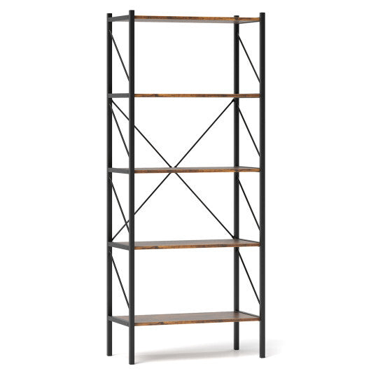 5-Tier Bookshelf with Open Shelves and Heavy Duty Metal Frame-Rustic Brown