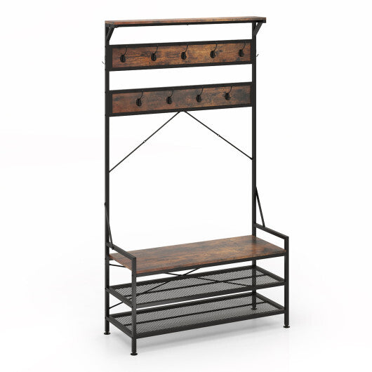 Coat Rack 4-In-1 Hall Tree with 11 Hanging Hooks Shoe Bench-Rustic Brown - Color: Rustic Brown LuxuryLifeWay Online Store