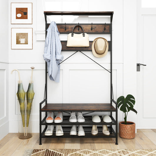 Coat Rack 4-In-1 Hall Tree with 11 Hanging Hooks Shoe Bench-Rustic Brown - Color: Rustic Brown LuxuryLifeWay Online Store