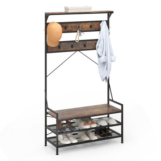 Coat Rack 4-In-1 Hall Tree with 11 Hanging Hooks Shoe Bench-Rustic Brown - Color: Rustic Brown LuxuryLifeWay Online Store