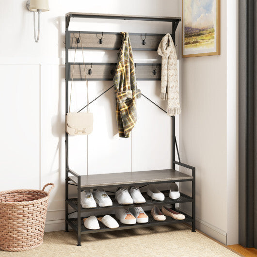 Coat Rack 4-In-1 Hall Tree with 11 Hanging Hooks Shoe Bench-Gray LuxuryLifeWay Online Store