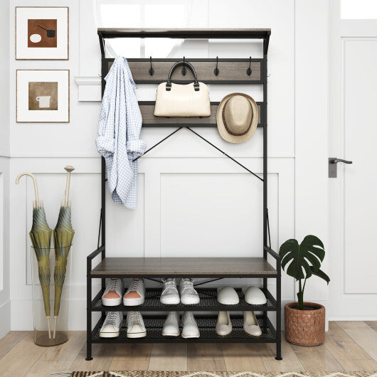 Coat Rack 4-In-1 Hall Tree with 11 Hanging Hooks Shoe Bench-Gray LuxuryLifeWay Online Store